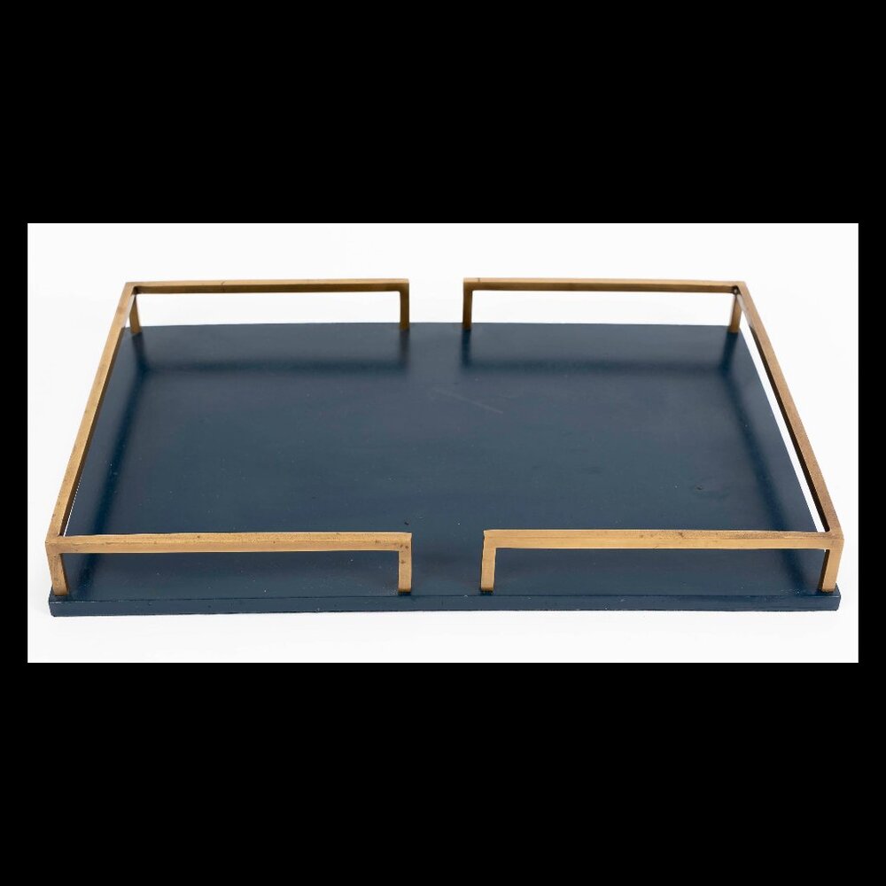Interlude Blue Wood and Metal Rectangular Ottoman Coffee Table Serving Tray